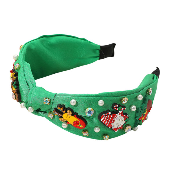 Green, Christmas Charm Pearl Teardrop Stone Embellished Knot Headband
