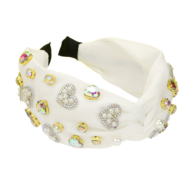 Pearl Heart Round Stone Cluster Embellished Knot Headband