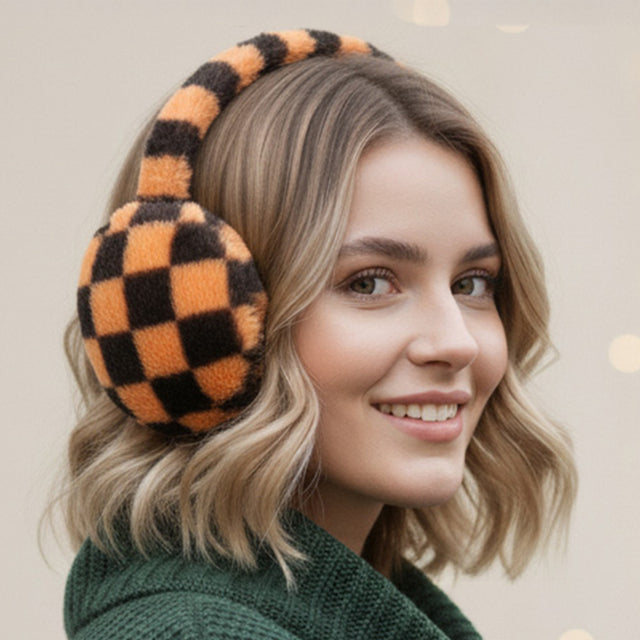 Madeline Love Brown Faux Fur Plush Checkered Earmuffs - Hair Accessories