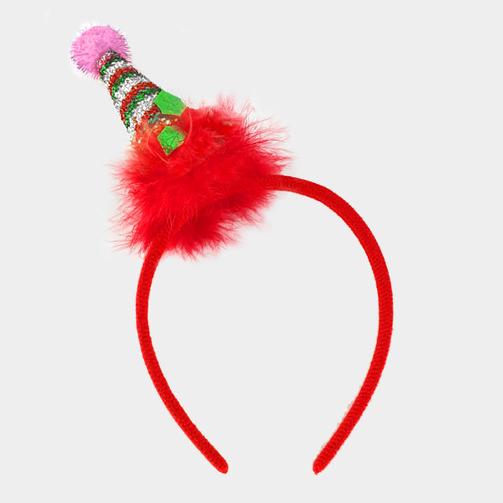 Multi Pink Red LED Light Up Faux Fur Christmas Santa Hat Pom Pom Headband