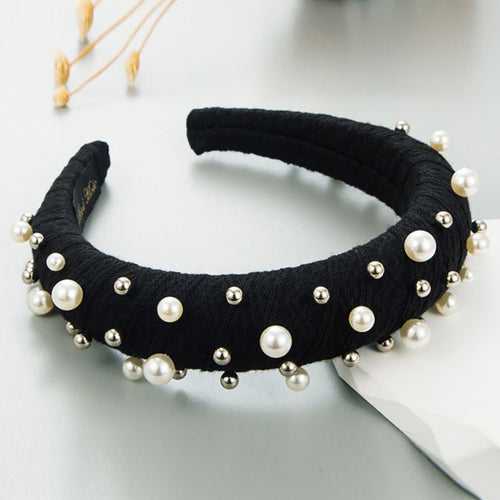 Pearl Metal Ball Embellished Padded Headband - Black