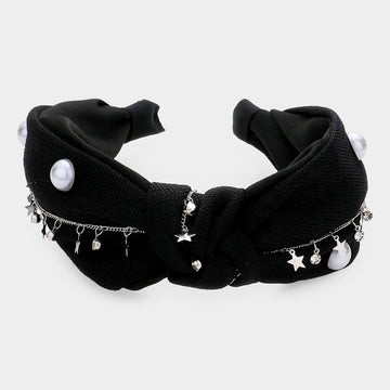 Madeline Love Black Pearl Round Stone Metal Star Embellished Knot Burnout Headband - Hair Accessories
