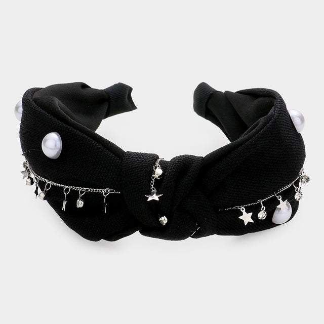 Madeline Love Black Pearl Round Stone Metal Star Embellished Knot Burnout Headband - Hair Accessories