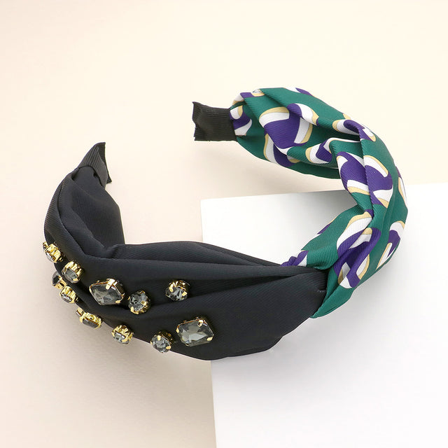 Madeline Love Black, Green Game Day Multi Stone Embellished Volleyball Patterned Twisted Headband - Hair Accessories