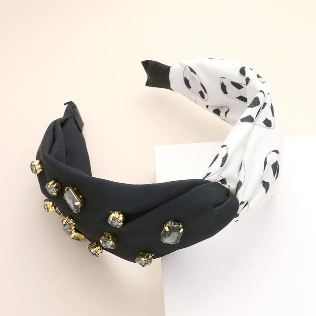 Madeline Love Black, White Game Day Multi Stone Embellished Soccer Patterned Twisted Headband - Hair Accessories