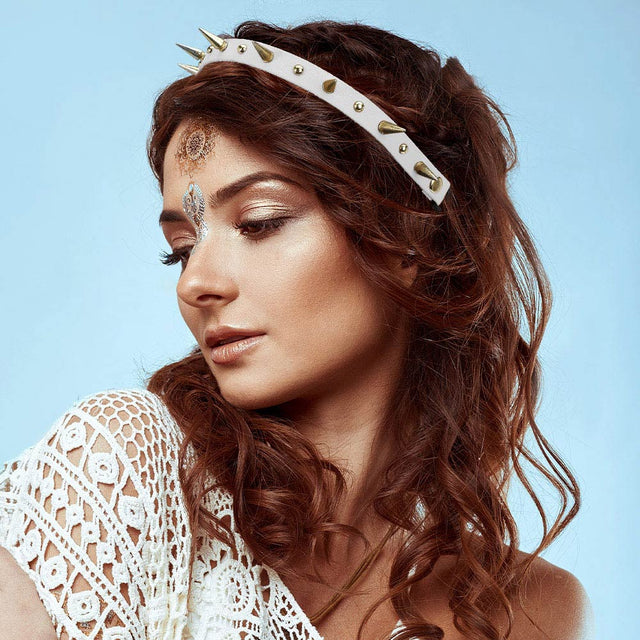 Madeline Love Gold, White Metal Spike Studded Faux Leather Stretch Headband - Hair Accessories