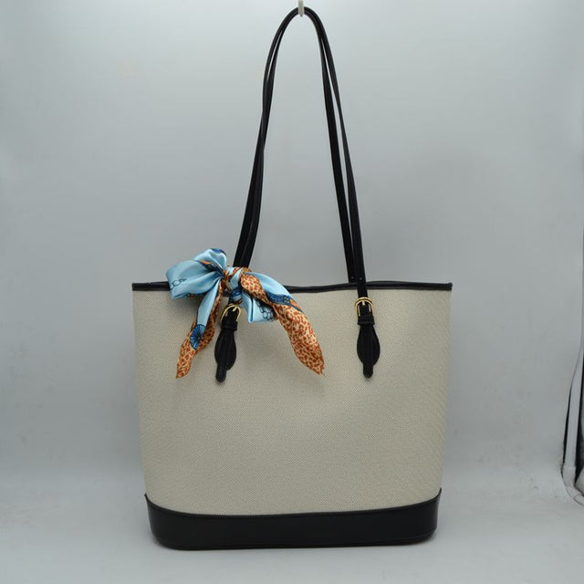 Elegant Textured Shoulder Tote Bag with Silk-Style Scarf Accent - Black - Tote Bag