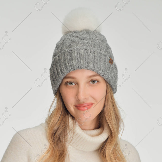 C.C Heathered Cable Knit Beanie With Pom - Hats