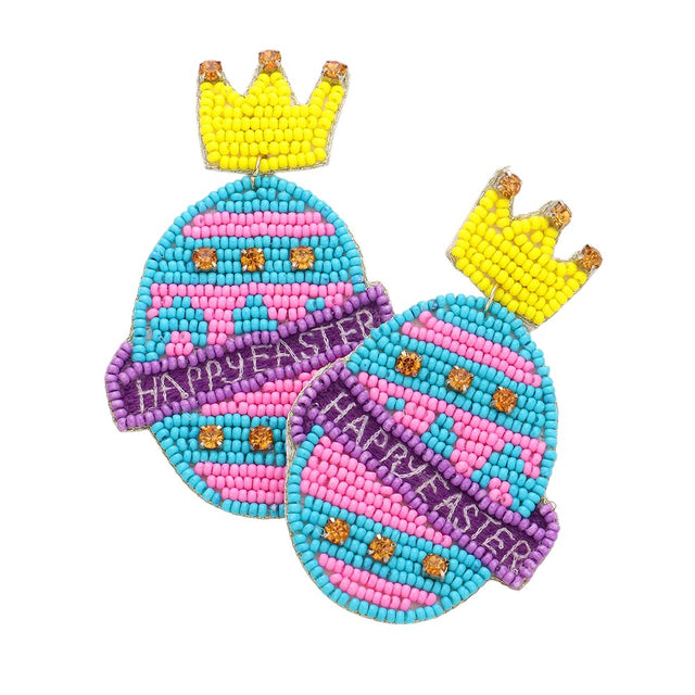 Blue Happy Easter Message Felt Back Seed Beaded Crown Egg Link Dangle Earrings are the perfect accessory for your Easter outfit. Featuring a festive Easter message and intricate beadwork, these earrings will add a touch of charm to any look. Their lightweight design and secure link dangle style make them comfortable to wear all day long. Celebrate the holiday in style with these beautifully crafted earrings.