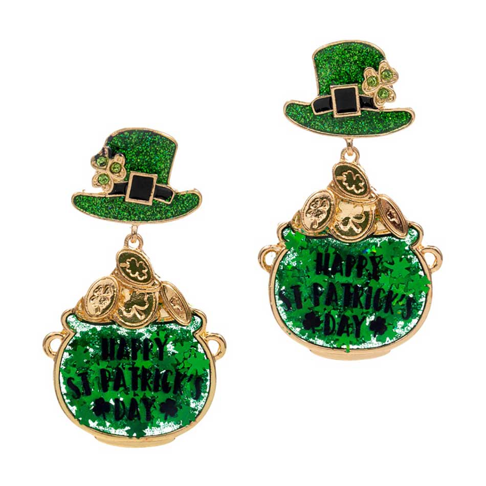 Celebrate St. Patrick's Day in style with our Happy St. Patrick's Day Message Clover Hat Dangle Earrings. These unique earrings feature a charming clover hat design, perfect for adding a touch of luck to any outfit. Show off your festive spirit and spread the holiday cheer with these fun and festive earrings.