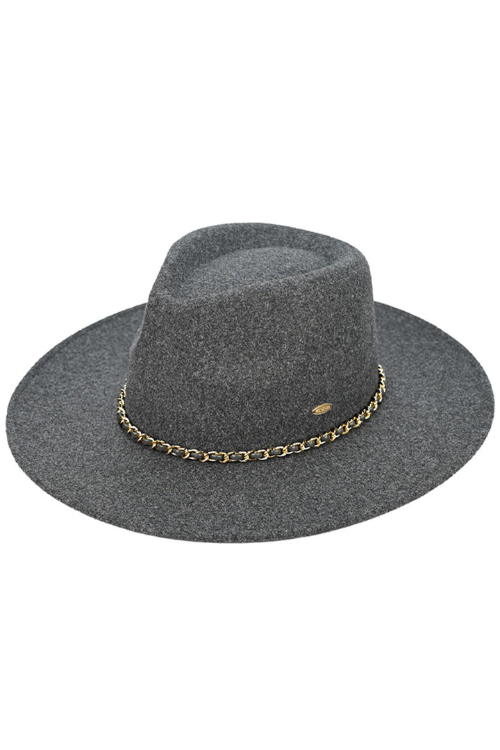 HeatherCharcoal C.C Chain Trim Band Vegan Felt Panama Hat is a stylish and sustainable accessory. Made with vegan felt, it features a trendy chain trim band for added flair. Protect your skin from the sun while making a fashion statement.