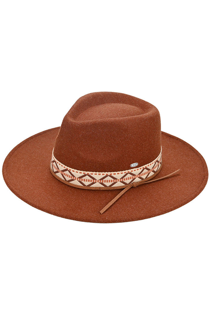 HeatherRust C.C. Vegan Felt Panama Hat is designed with a stylish geometric trim band that adds a modern touch to any outfit. Made with high-quality vegan felt, this hat is both sustainable and fashionable. Perfect for adding a chic touch to your wardrobe.
