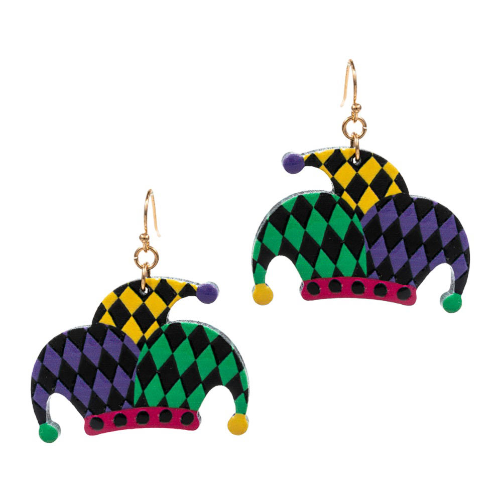 Multi Mardi Gras Jester Pierrot Hat Dangle Earrings, Crafted with quality materials and intricate design, these eye-catching earrings feature a jester's hat with a shimmering metal alloy. Perfect for Mardi Gras or everyday wear, it will add a touch of glamour to your look. Thoughtful festive gift idea for loved ones.