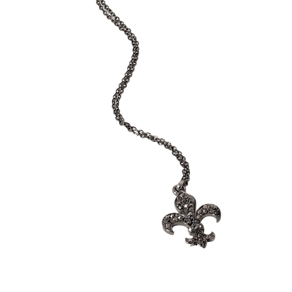 Hematite Stone Paved Fleur de Lis Pendant Necklace, is expertly crafted with stunning detail and precision. The intricate fleur de lis design is adorned with shimmering stones, making it a beautiful and elegant accessory for any occasion. Its eye-catching design makes this necklace a must-have addition to any jewelry collection