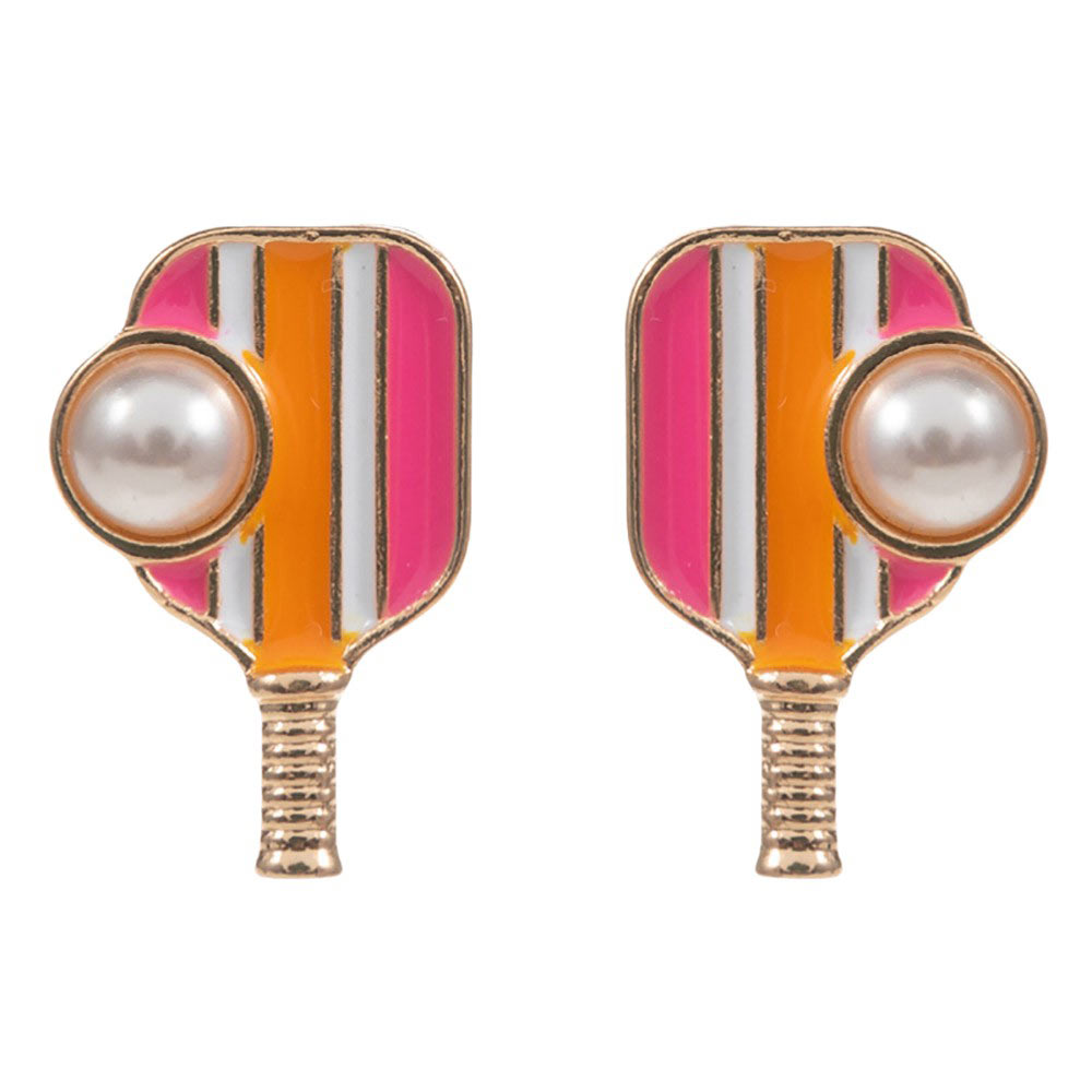 Hot Pink Pearl Pointed Pickleball Racket Stud Earrings, Serve up some serious style with these! These unique earrings feature a charming pearl and a playful pickleball racket pendant, perfect for any pickleball enthusiast. Show off your love for the game while looking effortlessly chic, this earrings are sure to turn heads.