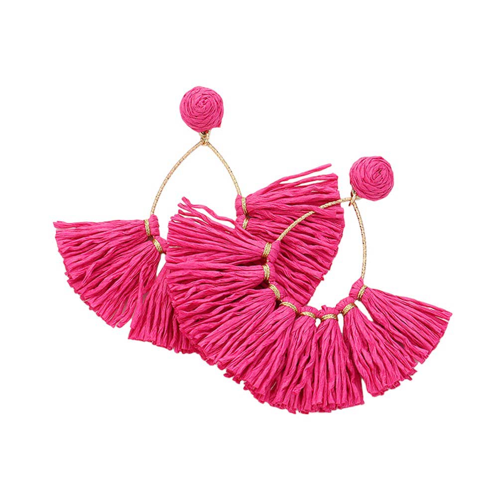 Hot Pink Raffia Fringe Fan Dangle Earrings, Expertly crafted with delicate Raffia Fringe, these earrings add a touch of elegance to any outfit. The fan dangle design creates a unique and eye-catching look, while the lightweight material ensures comfortable wear all day long. Perfect for any occasion.