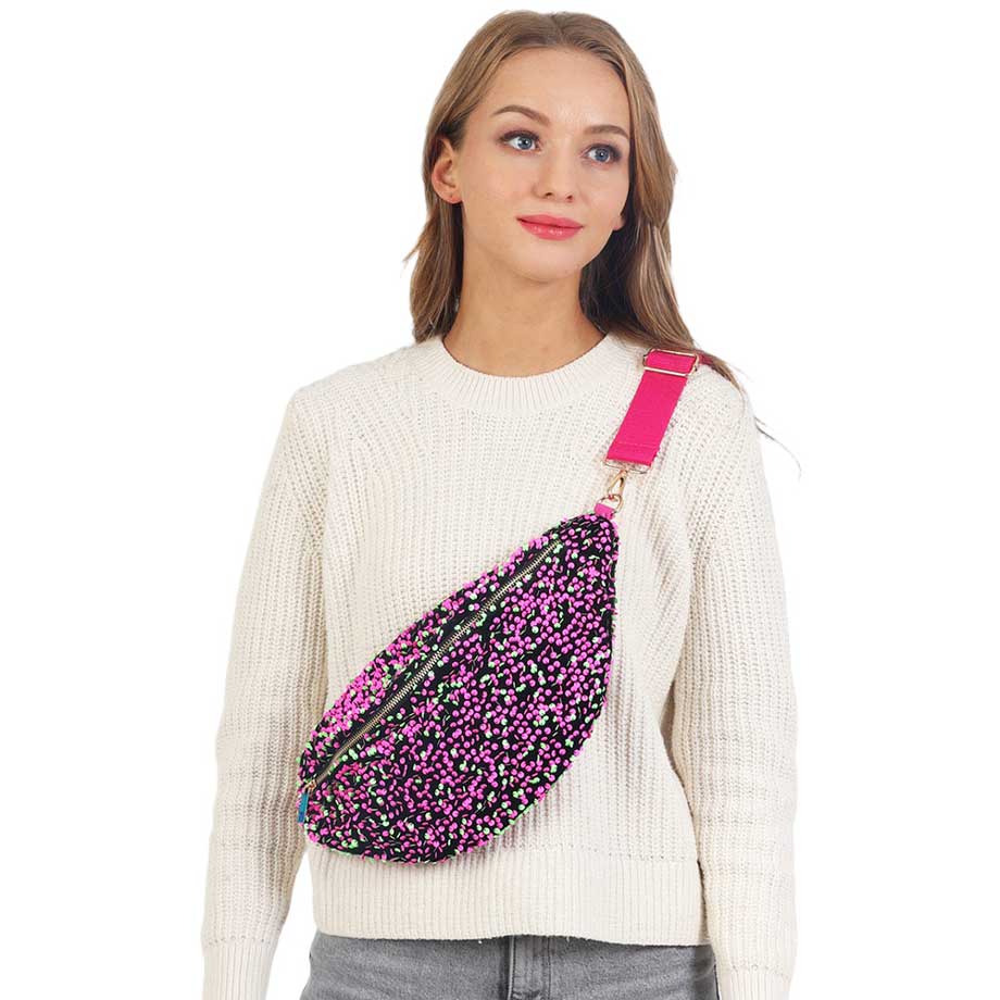 Hot Pink Sparkle Sequin Solid Sling Bag Fanny Pack Belt Bag, make yourself stand out & be the ultimate fashionista while carrying this beautiful straw sling bag. Great for when you need something small to carry in your bag. perfect for money, credit cards, keys or coins, and many more things. Stay comfortable and trendy.