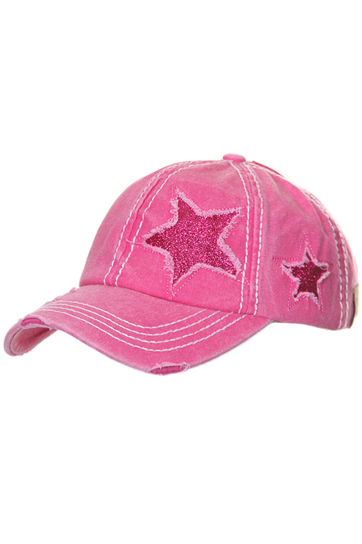 Hot Pink C.C GLITTER STAR BASEBALL PONYCAP is a stylish and functional accessory. Made with high-quality materials, it adds a touch of glitz to your wardrobe. The baseball-style provides sun protection, while the ponytail opening adds convenience. Upgrade your hat collection with this must-have piece.