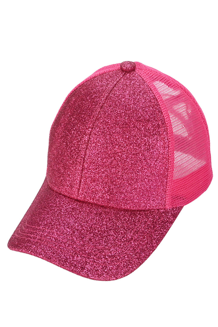 Hot Pink C.C Glitter Mesh Back Criss-Cross Ponytail Cap features a glitter mesh back and criss-cross design, perfect for adding a touch of sparkle to any outfit. Its unique design allows for comfortable and secure wear while keeping your ponytail in place. A must-have accessory for any fashion-forward individual.