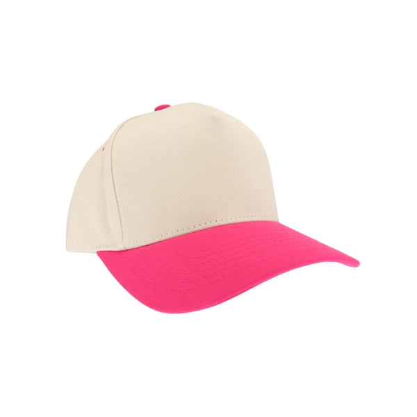 Hot Pink  KIDS Two Tone Canvas C.C Trucker Hat combines durable canvas with breathable mesh for comfort and style. Its two-tone design adds a playful touch, while the adjustable snapback ensures a secure fit for growing heads. Perfect for everyday wear, this hat offers sun protection and a trendy look for active kids. 