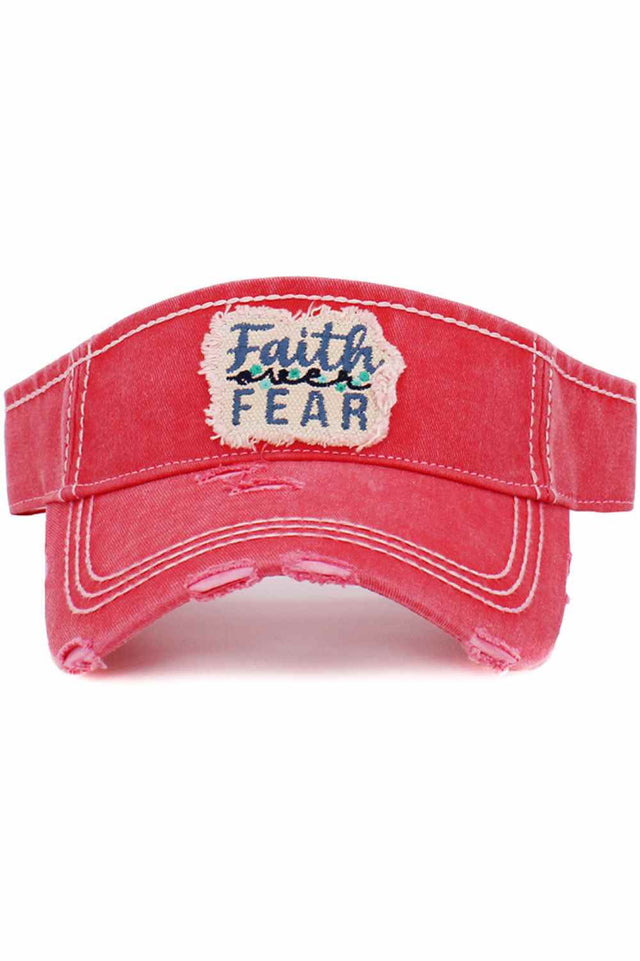 Hot Pink Stay inspired in everyday style with the Faith Over Fear vintage visor cap, featuring a classic distressed finish and uplifting embroidered message. Lightweight and comfortable, this adjustable visor adds a relaxed sporty touch while keeping you cool and confident on sunny days.