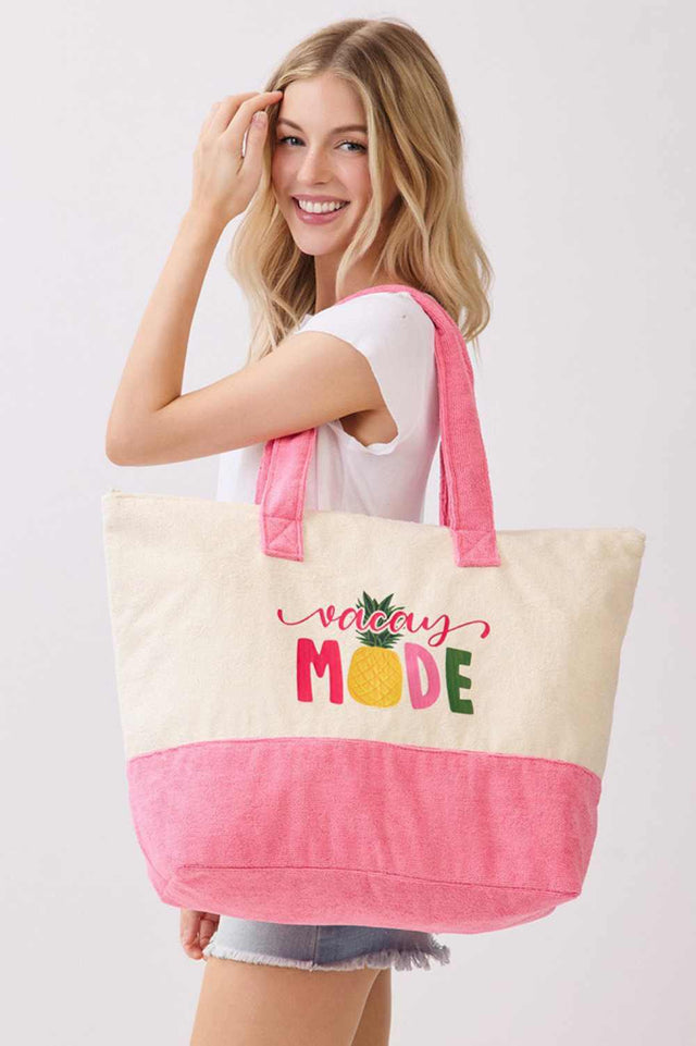 Hot Pink Escape to vacation vibes with this vibrant VACAY MODE tote bag. Featuring playful multi-color lettering and a cheerful pineapple design, it's the perfect companion for beach days, weekend getaways, or everyday adventures. Crafted from a durable polyester and polyamide blend, this spacious tote measures 22" x 16" x 6" and keeps your essentials secure with a reliable zipper closure. An inner pocket adds convenient organization for smaller items. Whether you're heading to the tropics or just dreaming 