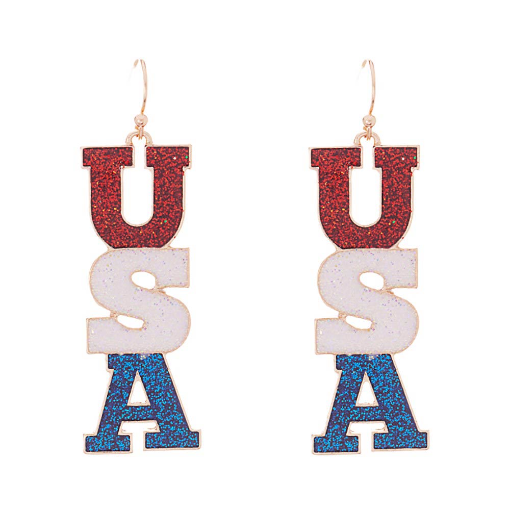 Hypoallergenic American USA Letter Dropdown Earrings. Introducing our exquisite earrings that are made with hypoallergenic materials, these elegant earrings feature detailed American USA letters that gently drop from your ears. Enjoy the luxury of wearing beautiful earrings without any discomfort. Elevate your style.