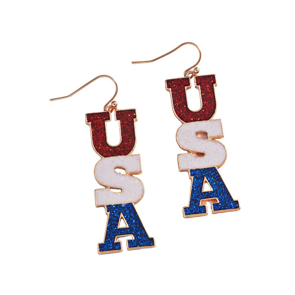 Hypoallergenic American USA Letter Dropdown Earrings. Introducing our exquisite earrings that are made with hypoallergenic materials, these elegant earrings feature detailed American USA letters that gently drop from your ears. Enjoy the luxury of wearing beautiful earrings without any discomfort. Elevate your style.
