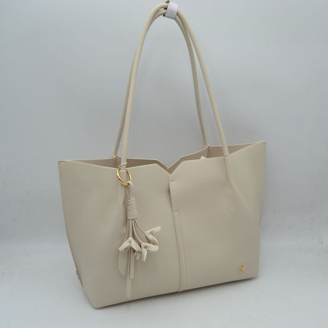 Minimalist Structured Tote Bag with Geometric Cutout and Tassel Accent - Beige - Shoulder Bag