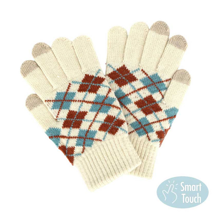 Ivory Argyle Patterned Knit Touch Smart Gloves, give your look so much eye-catching with knit touch smart gloves, a cozy feel. It's very fashionable and attractive. A pair of these gloves are awesome winter gift for your family, friends, anyone you love, and even yourself. Complete your outfit in a trendy style!