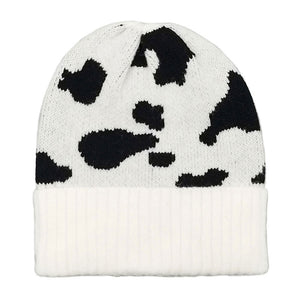 Ivory Black Cow Patterned Ribbed Knit Cuff Beanie Hat, before running out the door reach for this toasty beanie to keep you incredibly warm. Fun accessory, it's the autumnal touch to finish your ensemble. Birthday Gift, Christmas Gift, Anniversary Gift, Regalo Navidad, Regalo Cumpleanos, Regalo Dia del Amor, Valentine's Day Gift