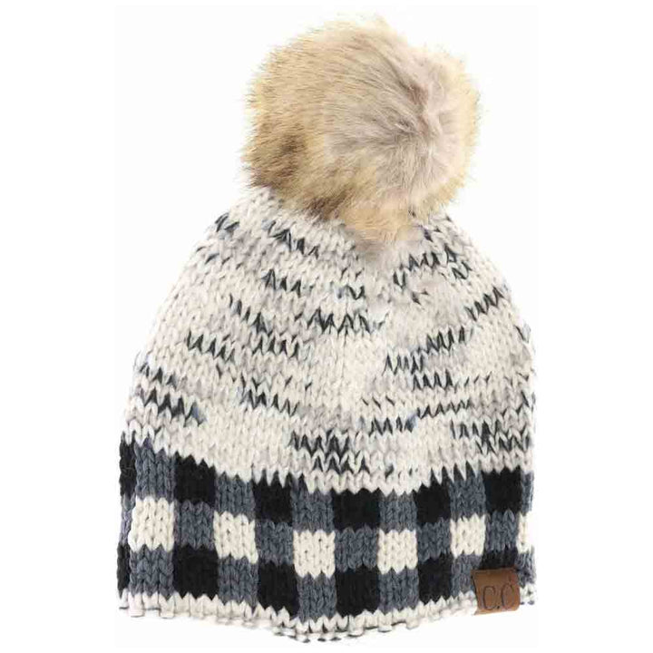 Ivory Buffalo Check Mixed Print Fur Pom C.C Beanie combines timeless style with modern detail for superior winter wear. Crafted with a mix of classic buffalo check and complementary prints, this beanie offers visual depth and versatility. The plush faux fur pom adds both warmth and a refined finishing touch. Made with a soft, stretchable knit, it ensures a snug, comfortable fit that effectively shields against chilly conditions. Ideal for those seeking a blend of traditional patterns and contemporary comfor