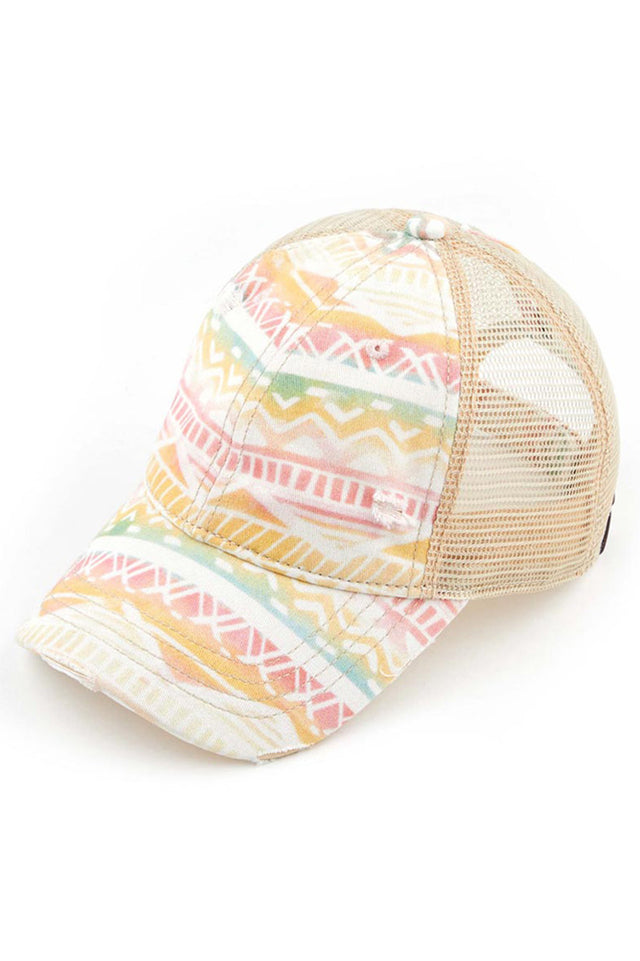 Ivory C.C AZTEC CAMO MESH PONYCAP offers a stylish and functional solution for sunny days. With its unique Aztec camo design and breathable mesh panel, this ponytail-friendly cap is perfect for any outdoor activity. Stay cool and on-trend while protecting yourself from the sun's harmful rays.