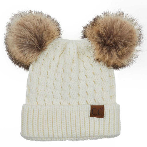 C.C Women's Double Pom All Over Cable Knit Beanie - Ivory