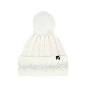 Ivory C.C Pearl Rhinestone Embellishment Beanie with Fur Pom, this classic C.C beanie is made from a thick and soft fabric, featuring a glamorous pearl and rhinestone embellishment detail. Awesome winter gift accessory for Birthday, Christmas, Stocking Stuffer, Secret Santa, Holiday, Anniversary, family, and loved ones.