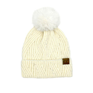 Ivory C.C Sequin with Pom Beanie Hat, stay cozy and stylish this winter with our unique beanie hat. Crafted from a soft and comfortable material. It's the autumnal touch you need to finish your outfit in style. Awesome winter gift accessory for birthdays, Christmas, holidays, anniversaries, family, and loved ones.