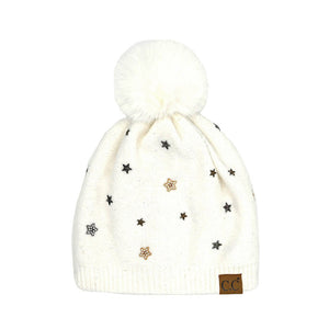 Ivory C.C Star Stud Pom Beanie, is perfect for winter weather. It's the perfect winter touch you need to finish your outfit in style. Awesome winter gift accessory for Birthday, Christmas, Stocking Stuffer, Secret Santa, Holiday, Anniversary, or Valentine's Day to your friends, family, and loved ones.