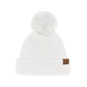 Ivory C.C Waffle Knit Pattern Cuff Pom Pom Beanie Hat, Stay warm in style with this. Made from a warm and cozy waffle knit pattern with a fashionable cuff and a pom pom on top, this beanie hat is sure to keep you warm in any weather and make you stand out in the crowd. Perfect winter gift idea.