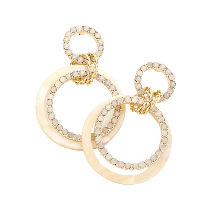 Tired of plain old earrings? Add some pizzazz to your look with these Ivory Celluloid Acetate Rhinestone Embellished Open Circle Link Dangle Earrings! Embellished with rhinestones in open circles, these earrings are sure to sparkle. Perfect Birthday Gift, Anniversary Gift, Christmas Gift, Regalo Navidad, Regalo Cumpleanos