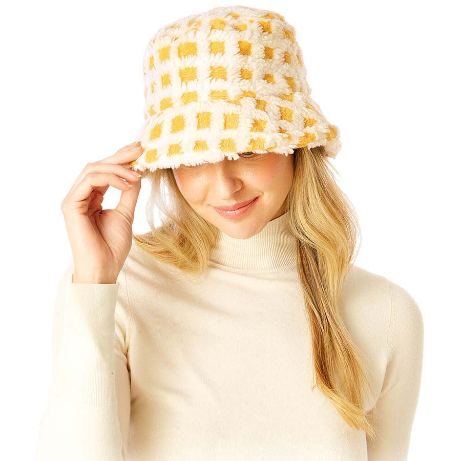 Ivory Check Patterned Faux Fur Bucket Hat, show your trendy side with this Faux Fur Bucket Hat. Adds a great accent to your wardrobe. This elegant, timeless & classic Bucket Hat looks fashionable. Perfect for a bad hair day, or simply casual everyday wear. Accessorize the fun way with this bucket hat. It's the autumnal touch you need to finish your outfit in style. Awesome winter gift accessory for that fashionable on-trend friend.