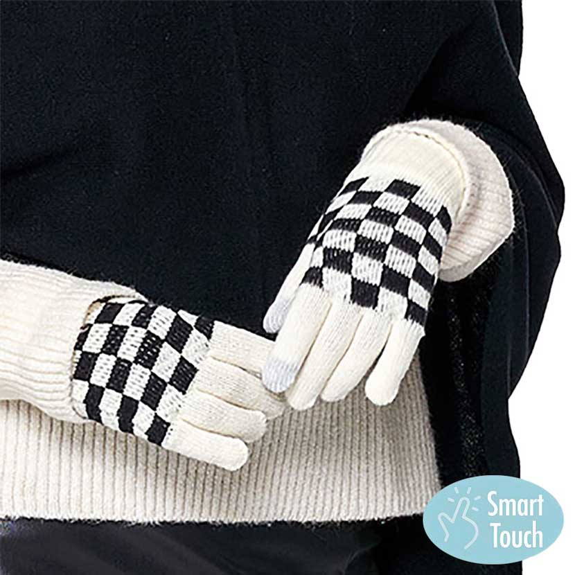 Ivory Checkerboard Patterned Smart Touch Gloves, are the perfect companion for all your winter needs. These gloves provide a comfortable grip and amazing warmth that keeps your hands toasty. The smart touch technology makes it easy to access your phone or any other touchscreen device without removing your gloves.