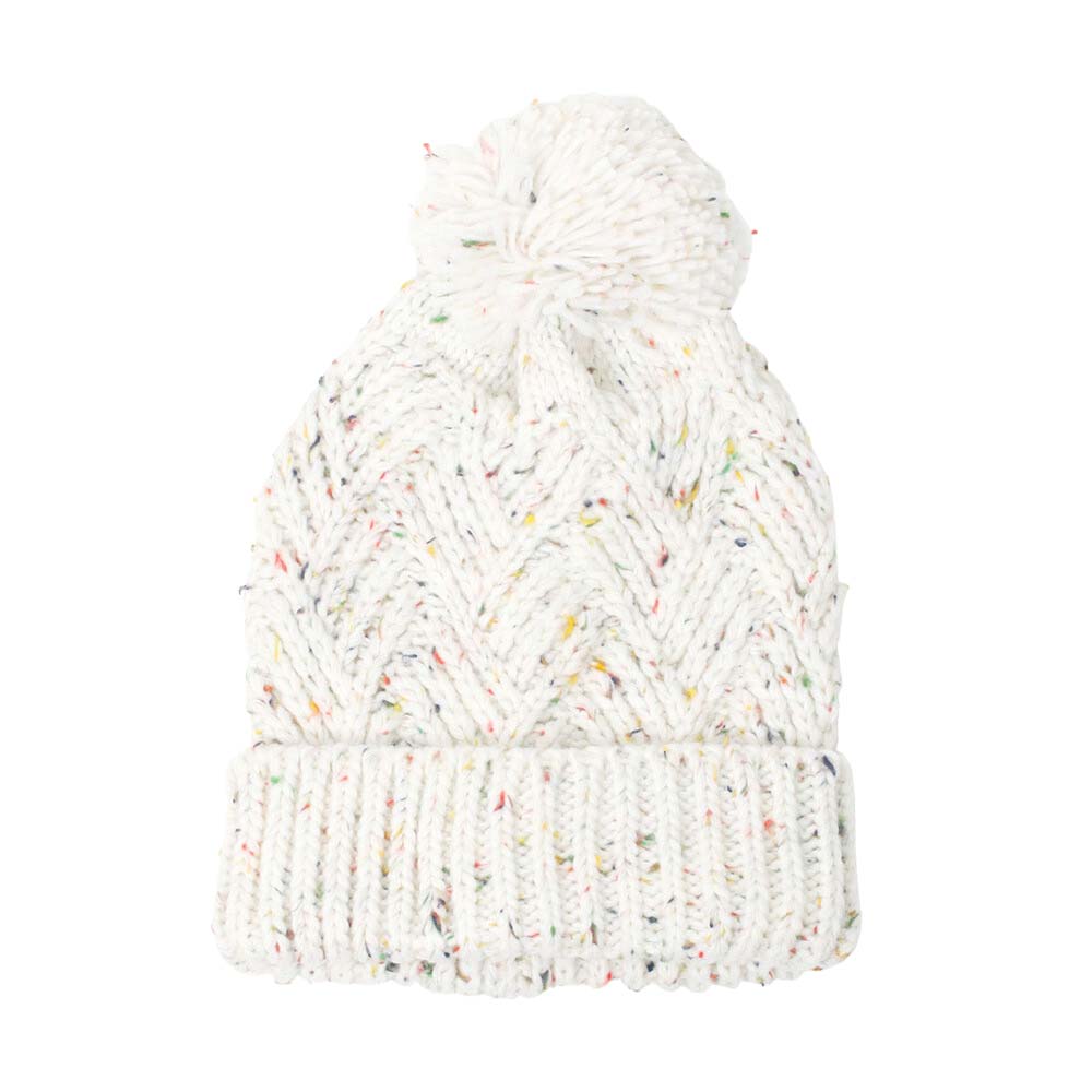 Ivory Confetti Knit Pom Pom Beanie Hat, wear this beautiful beanie hat with any ensemble for the perfect finish before running out the door into the cool air. An awesome winter gift accessory and the perfect gift item for Birthdays, Christmas, Stocking stuffers, Secret Santa, holidays, anniversaries, Valentine's Day, etc.
