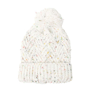 Ivory Confetti Knit Pom Pom Beanie Hat, wear this beautiful beanie hat with any ensemble for the perfect finish before running out the door into the cool air. An awesome winter gift accessory and the perfect gift item for Birthdays, Christmas, Stocking stuffers, Secret Santa, holidays, anniversaries, Valentine's Day, etc.