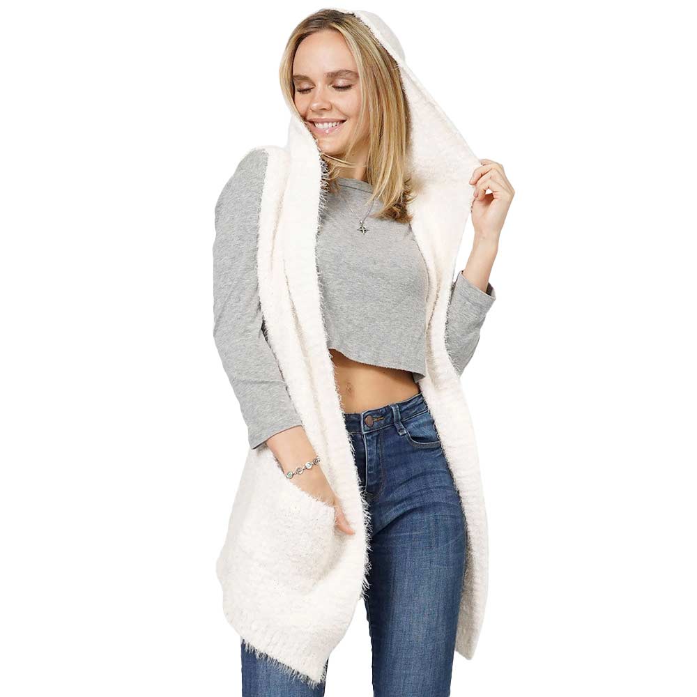 Ivory Cozy Knit Hooded Vest, delicate, warm, on-trend & fabulous, a luxe addition to any cold-weather ensemble. This hooded vest with a Maggie sleeve is the perfect accessory featuring the oh-so-trendy soft chic garment, which keeps you warm, and a toasty, sleeveless vest. Perfect Gift for wife, mom, birthday, holiday, etc.