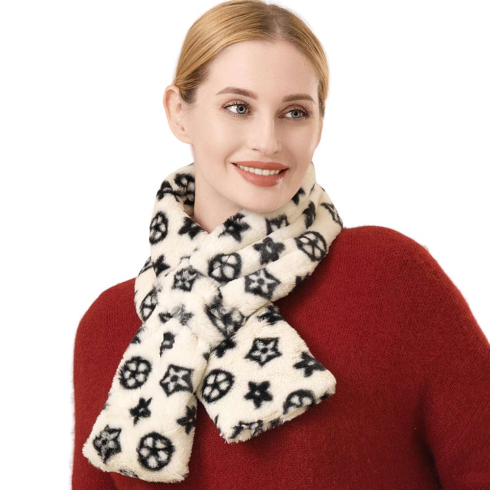 Ivory Faux Fur Patterned Chain Pull Through Scarf, delicate, warm, on-trend & fabulous, a luxe addition to any cold-weather ensemble. Great for daily wear in the cold winter to protect you against chill. Perfect Gift for Wife, Mom, Birthday, Holiday, Christmas, Anniversary, Fun Night Out. Happy Winter!