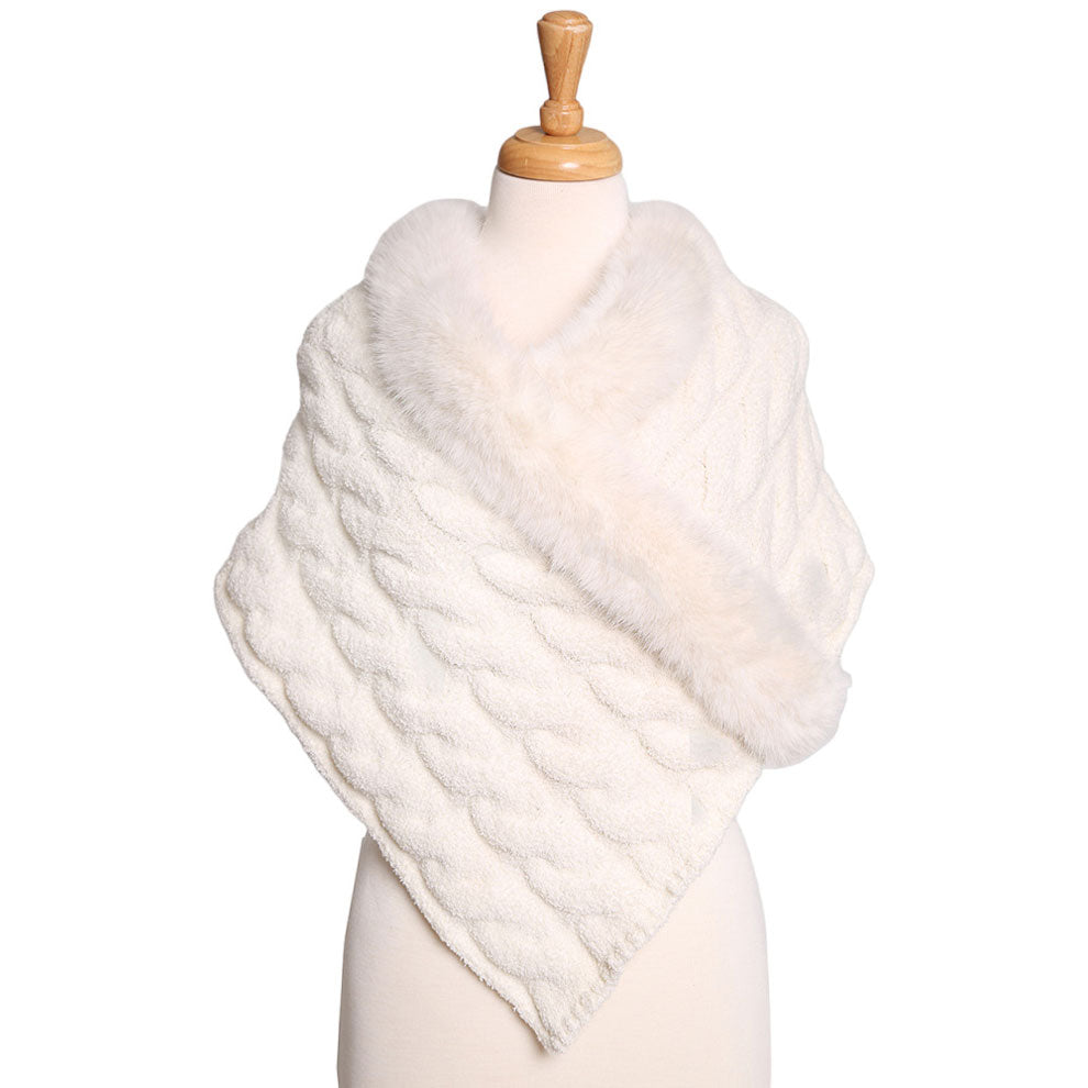 Ivory This Faux Fur Pointed Cable Knit Shawl offers a fashionable fusion of style and warmth. The classic cable knit design is timeless and adds a touch of sophistication. It goes with every winter outfit and gives you a beautiful outlook everywhere. Perfect Gift for Wife, Mom, Birthday, Holiday, Anniversary. Happy Winter!