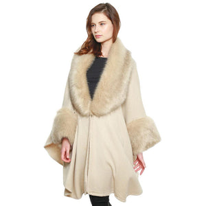Ivory Faux Fur Trim Shawl Poncho, will keep you warm and stylish! Luxuriously soft, it features a classic shawl design and is lined with plush faux fur trim for added warmth and style. Perfect for making a chic statement on chilly days. Best gift choice for family members and friends in winter.
