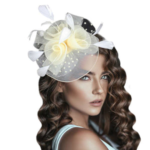 Ivory Feather Mesh Flower Fascinator Headband, Accentuate your look with this. Crafted with mesh and feathers, this headband brings an elegant touch to any outfit. The unique flower shape gives it a timeless and classic look. Perfect for gifting, any occasion, or everyday wear.
