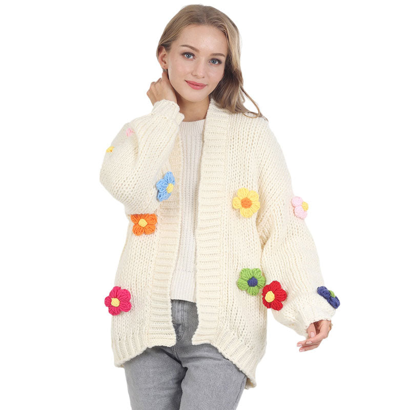 Ivory Flower Embellished Knit Cardigan, delicate, warm, on-trend & fabulous, a luxe addition to any cold-weather ensemble. Great for daily wear in the cold winter. You can throw it on over so many pieces elevating any casual outfit! Perfect Gift for wife, mom, birthday, holiday, etc.
