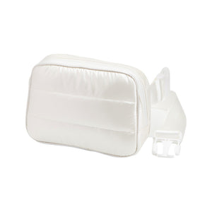 Ivory Glossy Puffer Rectangle Sling Bag Fanny Bag Belt Bag, this stylish is bag made from durable material to ensure maximum protection and comfort. It features a fashionable design with adjustable straps, and secure buckle closure ensuring your valuables are safe and secure. The perfect for any occasion, shopping, etc.